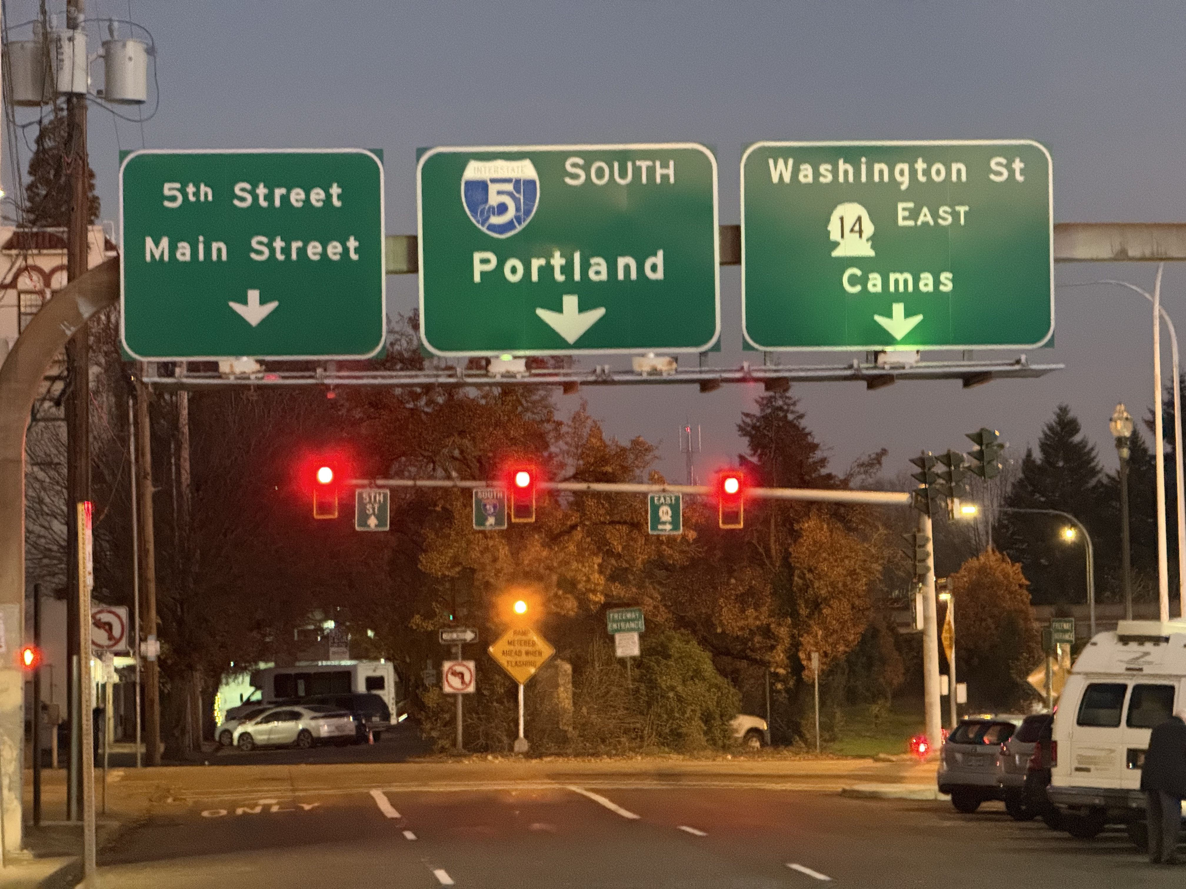 Highway signs for Washington State Route 14 and Interstate 5